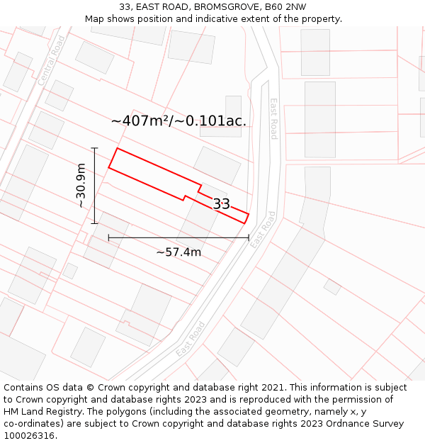 33, EAST ROAD, BROMSGROVE, B60 2NW: Plot and title map