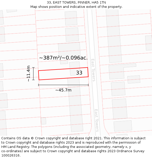 33, EAST TOWERS, PINNER, HA5 1TN: Plot and title map