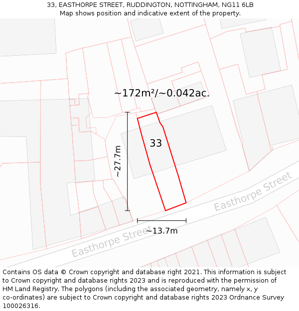 33, EASTHORPE STREET, RUDDINGTON, NOTTINGHAM, NG11 6LB: Plot and title map