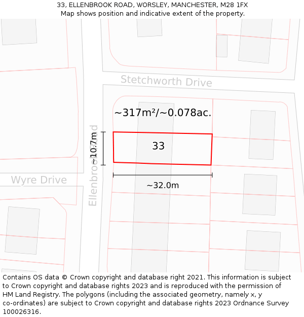 33, ELLENBROOK ROAD, WORSLEY, MANCHESTER, M28 1FX: Plot and title map