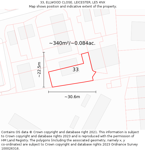 33, ELLWOOD CLOSE, LEICESTER, LE5 4NX: Plot and title map