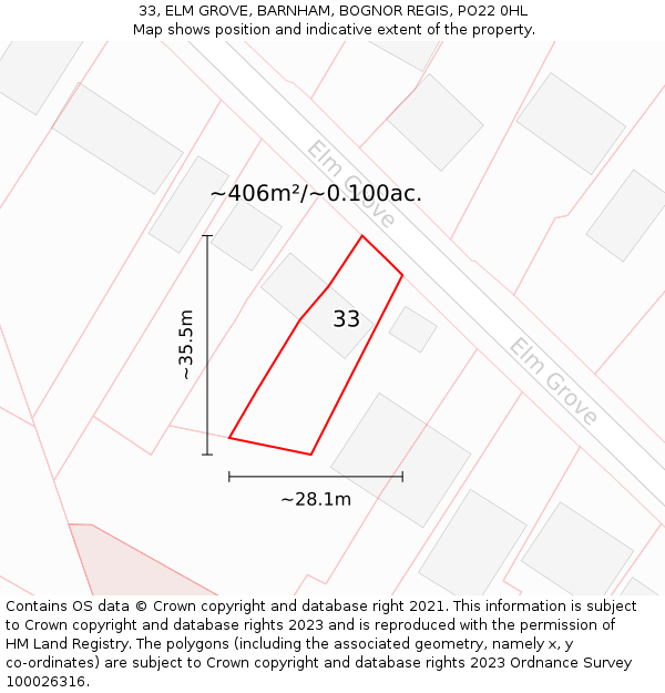 33, ELM GROVE, BARNHAM, BOGNOR REGIS, PO22 0HL: Plot and title map