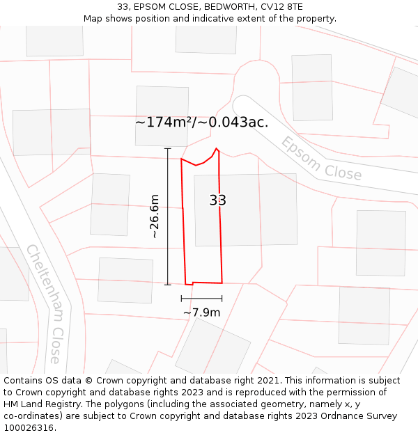 33, EPSOM CLOSE, BEDWORTH, CV12 8TE: Plot and title map