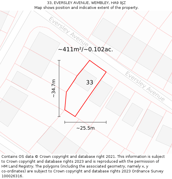 33, EVERSLEY AVENUE, WEMBLEY, HA9 9JZ: Plot and title map