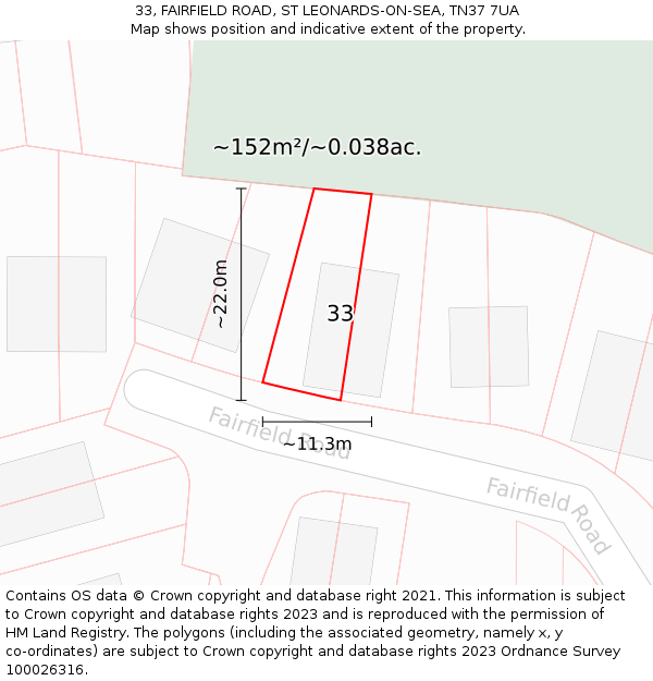 33, FAIRFIELD ROAD, ST LEONARDS-ON-SEA, TN37 7UA: Plot and title map