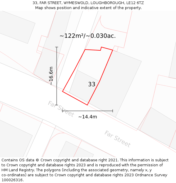 33, FAR STREET, WYMESWOLD, LOUGHBOROUGH, LE12 6TZ: Plot and title map