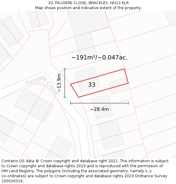 33, FAUGERE CLOSE, BRACKLEY, NN13 6LR: Plot and title map
