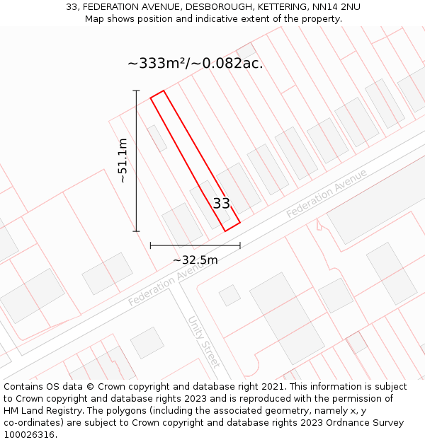 33, FEDERATION AVENUE, DESBOROUGH, KETTERING, NN14 2NU: Plot and title map