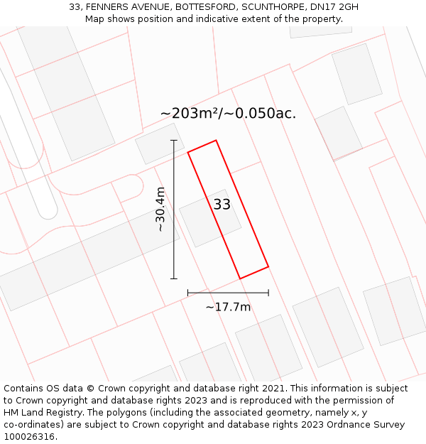 33, FENNERS AVENUE, BOTTESFORD, SCUNTHORPE, DN17 2GH: Plot and title map