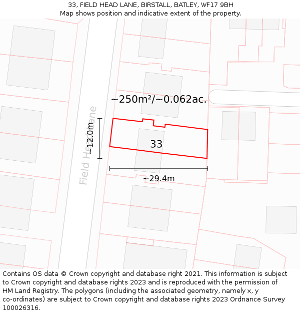 33, FIELD HEAD LANE, BIRSTALL, BATLEY, WF17 9BH: Plot and title map