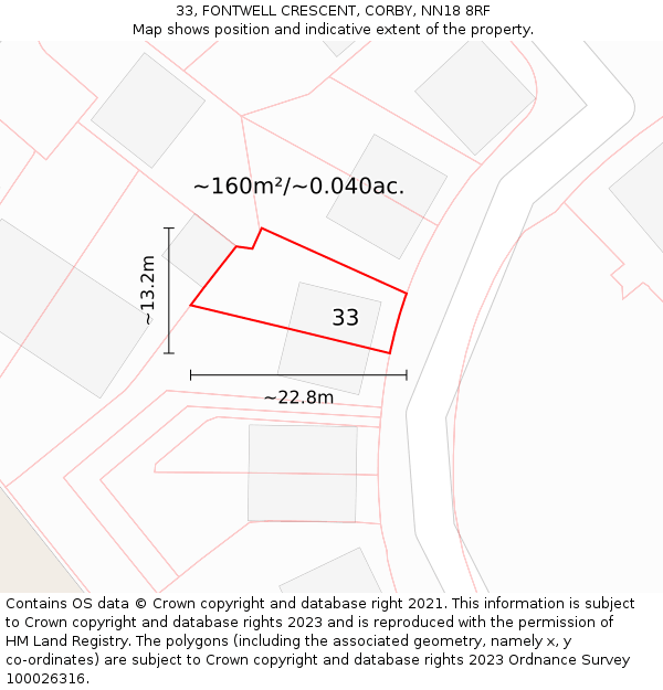 33, FONTWELL CRESCENT, CORBY, NN18 8RF: Plot and title map