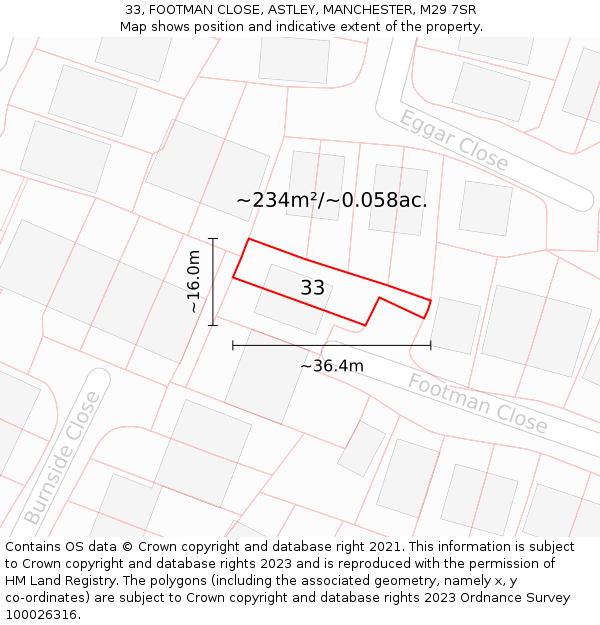 33, FOOTMAN CLOSE, ASTLEY, MANCHESTER, M29 7SR: Plot and title map