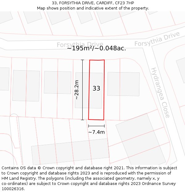 33, FORSYTHIA DRIVE, CARDIFF, CF23 7HP: Plot and title map