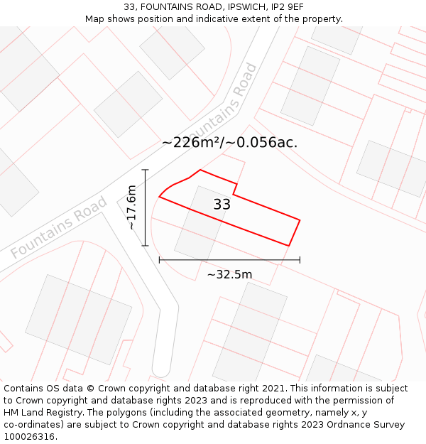 33, FOUNTAINS ROAD, IPSWICH, IP2 9EF: Plot and title map