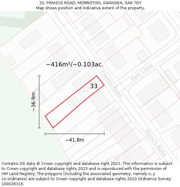 33, FRANCIS ROAD, MORRISTON, SWANSEA, SA6 7DY: Plot and title map