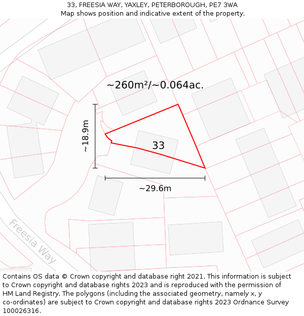 33, FREESIA WAY, YAXLEY, PETERBOROUGH, PE7 3WA: Plot and title map