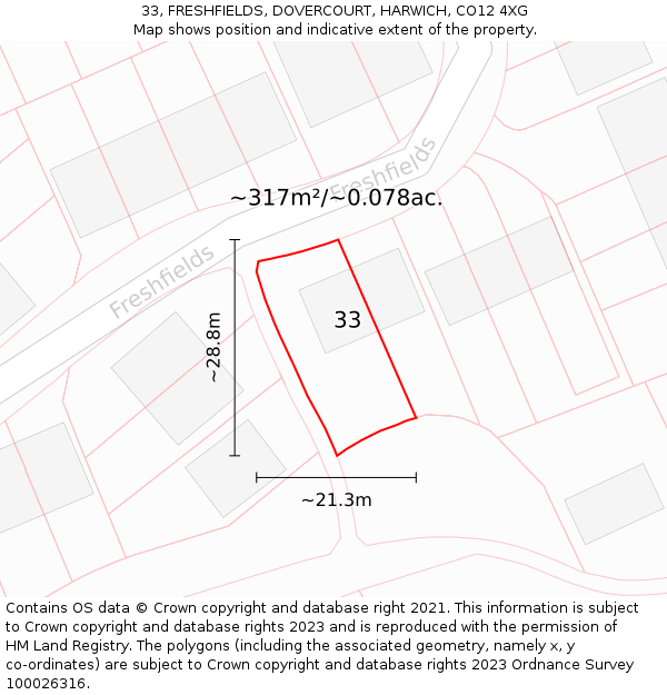 33, FRESHFIELDS, DOVERCOURT, HARWICH, CO12 4XG: Plot and title map