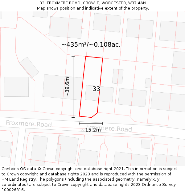 33, FROXMERE ROAD, CROWLE, WORCESTER, WR7 4AN: Plot and title map