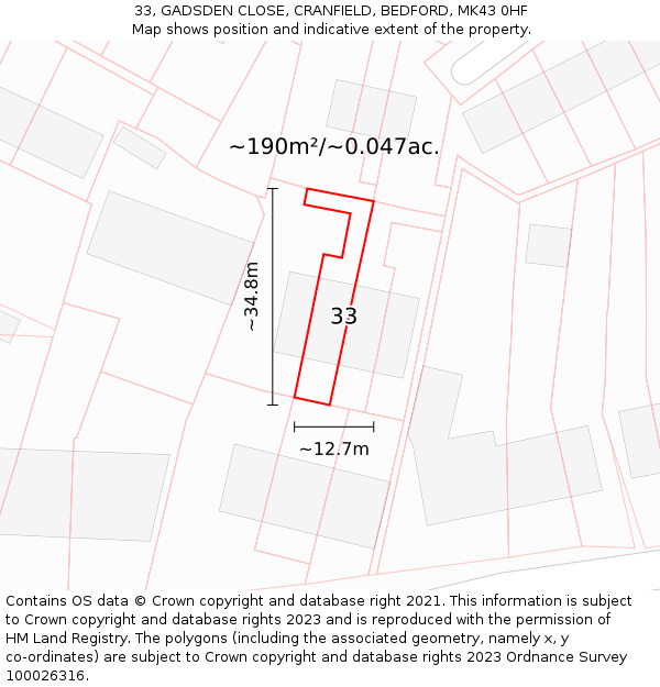 33, GADSDEN CLOSE, CRANFIELD, BEDFORD, MK43 0HF: Plot and title map