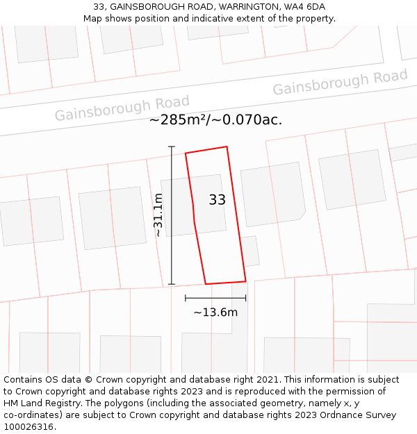 33, GAINSBOROUGH ROAD, WARRINGTON, WA4 6DA: Plot and title map