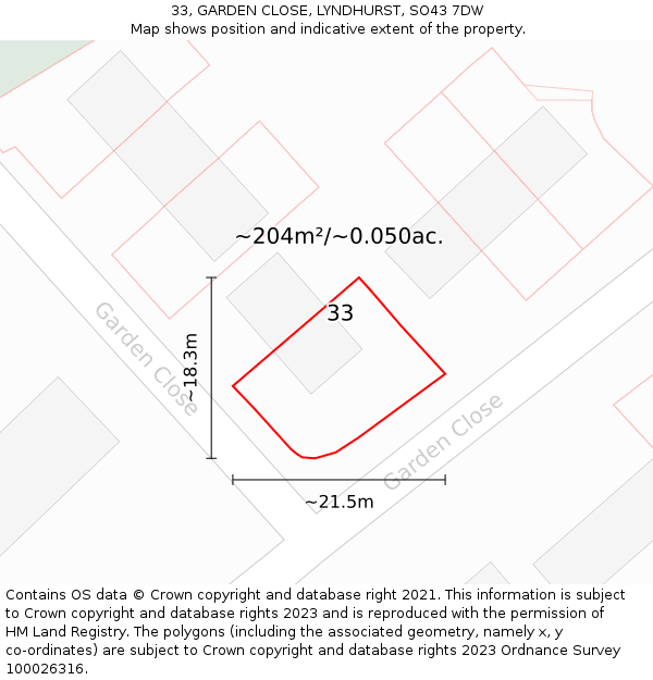 33, GARDEN CLOSE, LYNDHURST, SO43 7DW: Plot and title map