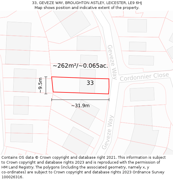 33, GEVEZE WAY, BROUGHTON ASTLEY, LEICESTER, LE9 6HJ: Plot and title map