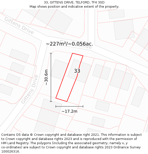 33, GITTENS DRIVE, TELFORD, TF4 3SD: Plot and title map