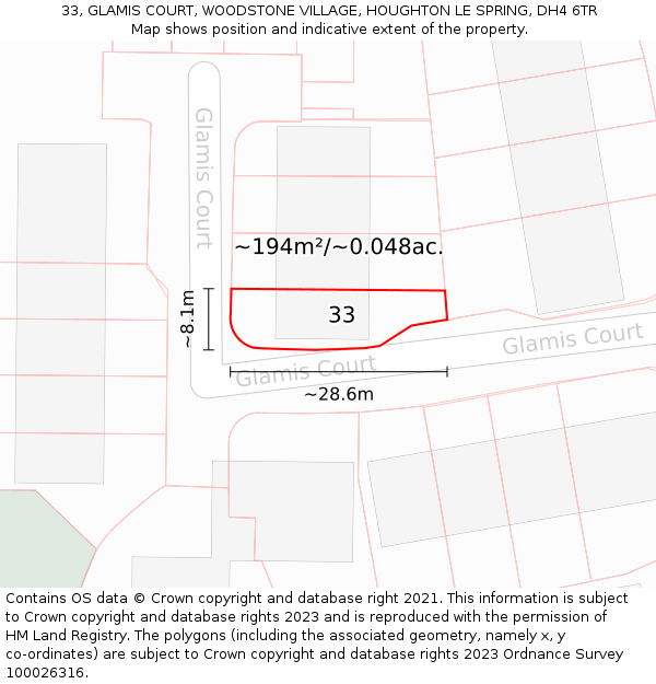 33, GLAMIS COURT, WOODSTONE VILLAGE, HOUGHTON LE SPRING, DH4 6TR: Plot and title map