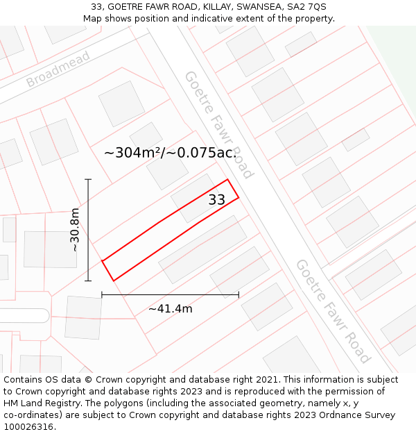 33, GOETRE FAWR ROAD, KILLAY, SWANSEA, SA2 7QS: Plot and title map