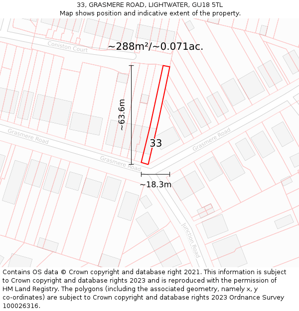 33, GRASMERE ROAD, LIGHTWATER, GU18 5TL: Plot and title map