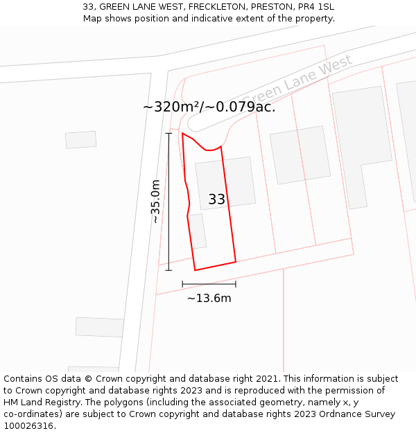 33, GREEN LANE WEST, FRECKLETON, PRESTON, PR4 1SL: Plot and title map