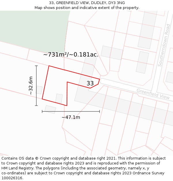 33, GREENFIELD VIEW, DUDLEY, DY3 3NG: Plot and title map