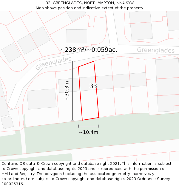 33, GREENGLADES, NORTHAMPTON, NN4 9YW: Plot and title map