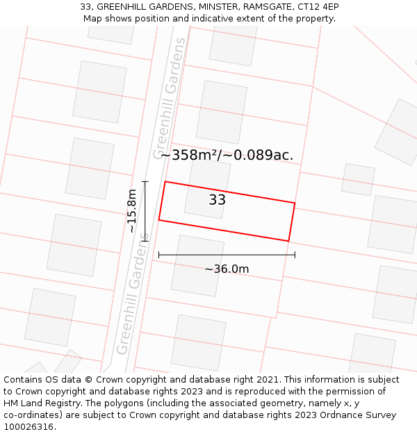 33, GREENHILL GARDENS, MINSTER, RAMSGATE, CT12 4EP: Plot and title map