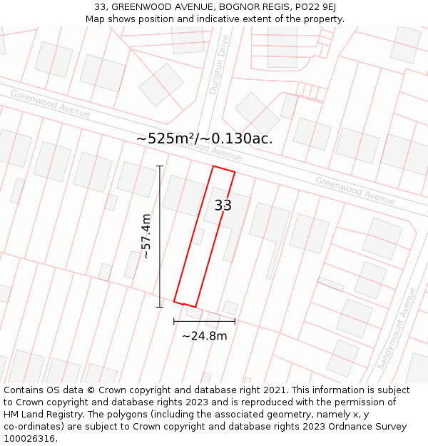 33, GREENWOOD AVENUE, BOGNOR REGIS, PO22 9EJ: Plot and title map