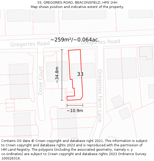 33, GREGORIES ROAD, BEACONSFIELD, HP9 1HH: Plot and title map