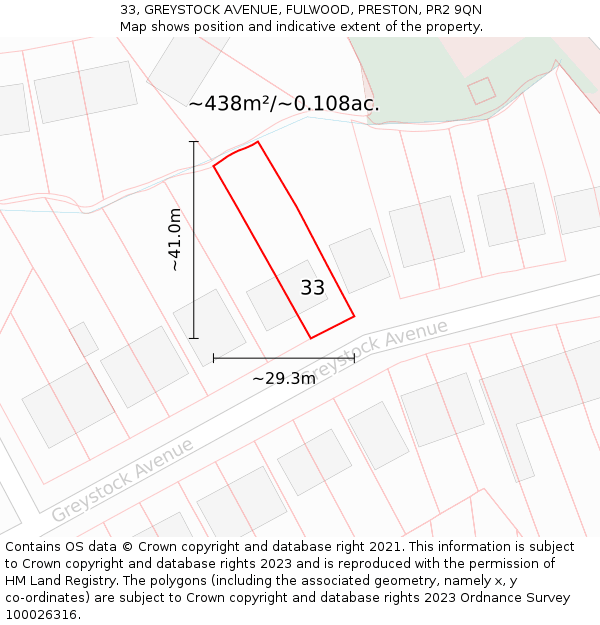 33, GREYSTOCK AVENUE, FULWOOD, PRESTON, PR2 9QN: Plot and title map