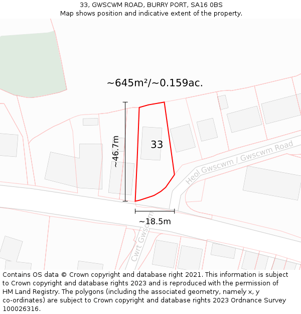 33, GWSCWM ROAD, BURRY PORT, SA16 0BS: Plot and title map