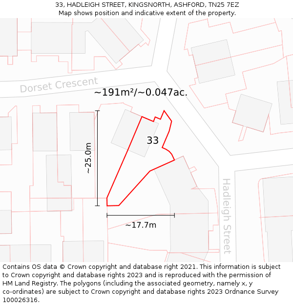 33, HADLEIGH STREET, KINGSNORTH, ASHFORD, TN25 7EZ: Plot and title map