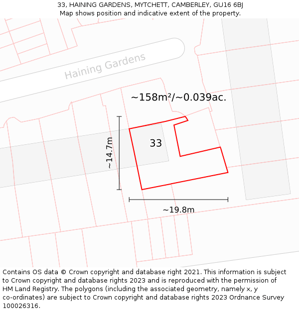 33, HAINING GARDENS, MYTCHETT, CAMBERLEY, GU16 6BJ: Plot and title map