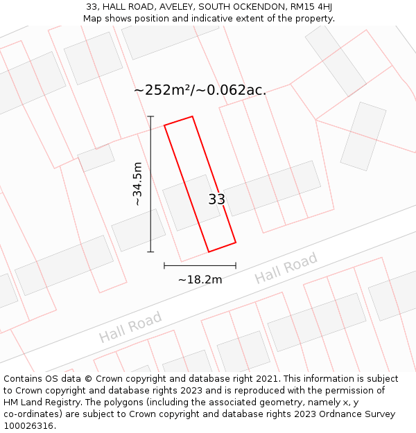 33, HALL ROAD, AVELEY, SOUTH OCKENDON, RM15 4HJ: Plot and title map