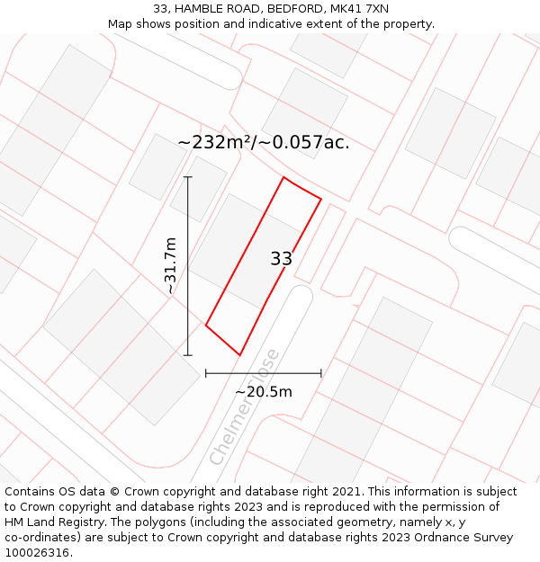 33, HAMBLE ROAD, BEDFORD, MK41 7XN: Plot and title map