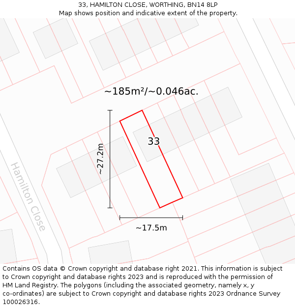 33, HAMILTON CLOSE, WORTHING, BN14 8LP: Plot and title map