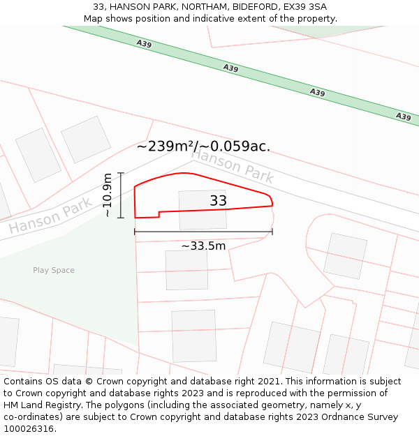 33, HANSON PARK, NORTHAM, BIDEFORD, EX39 3SA: Plot and title map