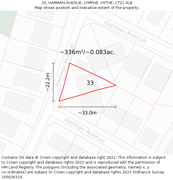 33, HARMAN AVENUE, LYMPNE, HYTHE, CT21 4LB: Plot and title map