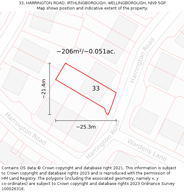 33, HARRINGTON ROAD, IRTHLINGBOROUGH, WELLINGBOROUGH, NN9 5GP: Plot and title map