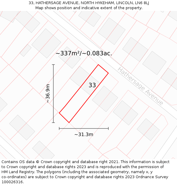 33, HATHERSAGE AVENUE, NORTH HYKEHAM, LINCOLN, LN6 8LJ: Plot and title map