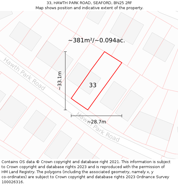 33, HAWTH PARK ROAD, SEAFORD, BN25 2RF: Plot and title map