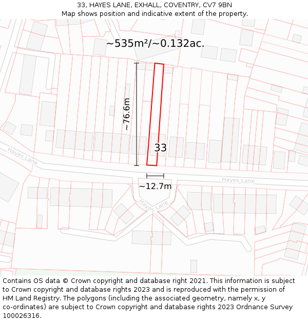 33, HAYES LANE, EXHALL, COVENTRY, CV7 9BN: Plot and title map