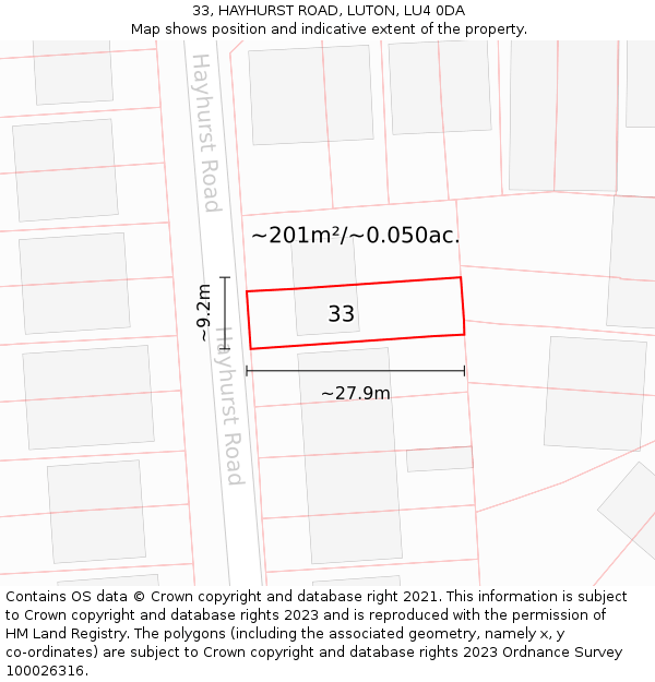 33, HAYHURST ROAD, LUTON, LU4 0DA: Plot and title map